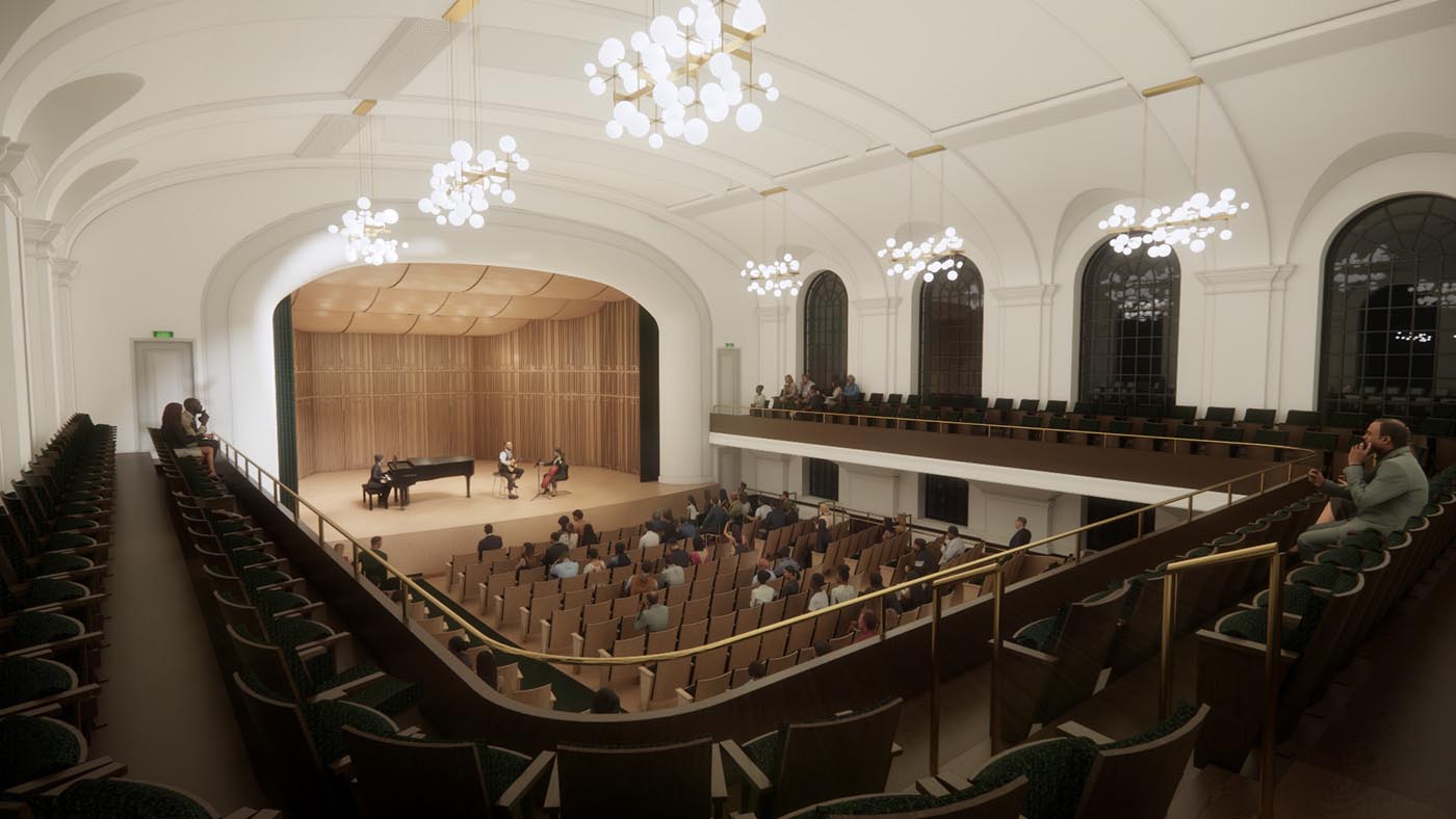 Architectural rendering of Convocation Hall viewed from the balcony, showing audience seating, restored heritage features, and a performance on stage.